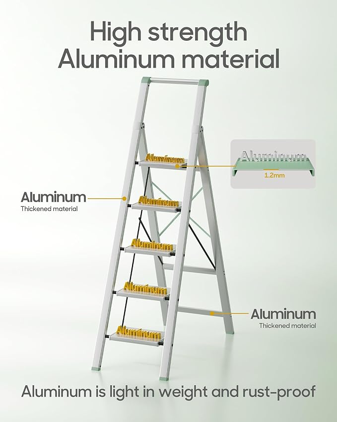 HillhutApex 5 Step Foldable Aluminum Step Ladder with Handgrip, Anti-Slip Pedal, 330 lbs Capacity, Lightweight & Portable for Home, Kitchen, Office, Garage (Pale Green)