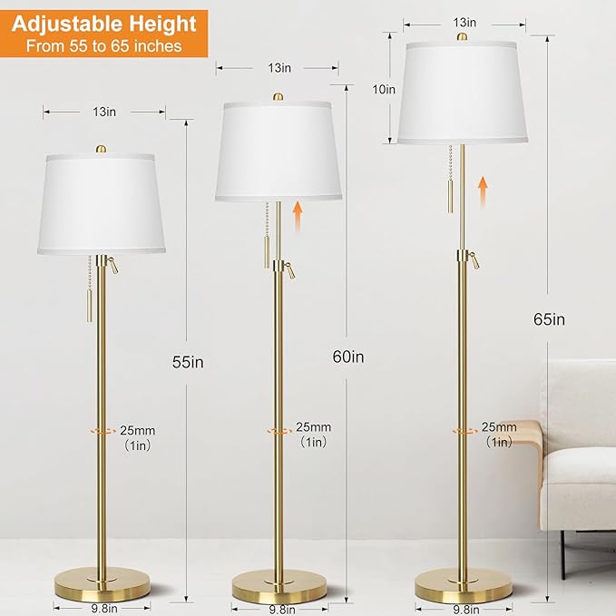 JUNNAI Gold Floor Lamp for Living Room, Tall Standing Lamp 55-65" Adjustable Modern Brass Floor Lamps for Bedroom Reading Office Kids 3 Color Lights Corner Night Stand (9W LED Bulb, White Shade)