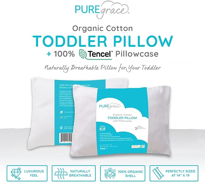 PUREgrace Tencel Toddler Pillow and Pillowcase Set – Organic Cotton Shell, Washable and Soft for Kids Ages 2-5, Perfect Size for Travel (14” x 19”)