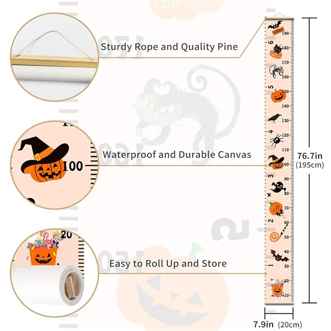 Halloween Baby Height Growth Chart - Canvas Height Chart for Kids Baby Child Toddler Boys Girls Growth Chart for Wall Room Nursery Decor Hangable and Removable Measuring Wall Ruler (A, Beige Wood)