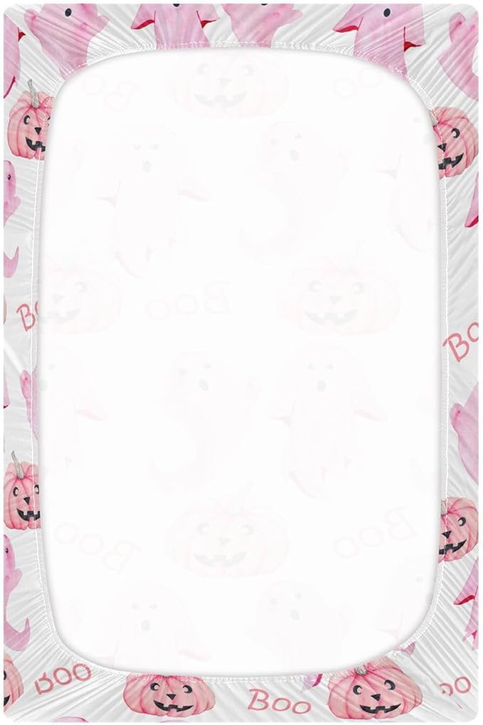Halloween Ghosts Pink Crib Sheets Soft Breathable Fitted Baby Playard Sheets Mattress Cover for Girl Boys, 39" x 27" x 5"