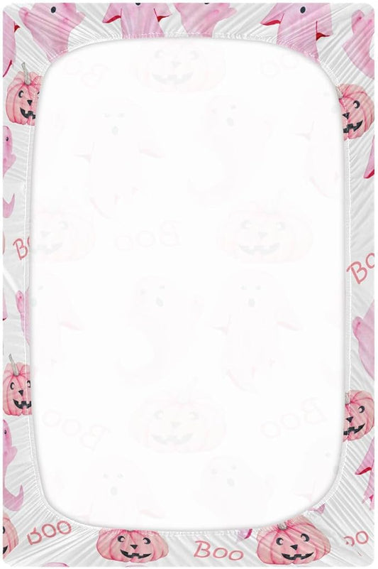 Halloween Ghosts Pink Crib Sheets Soft Breathable Fitted Baby Playard Sheets Mattress Cover for Girl Boys, 39" x 27" x 5"