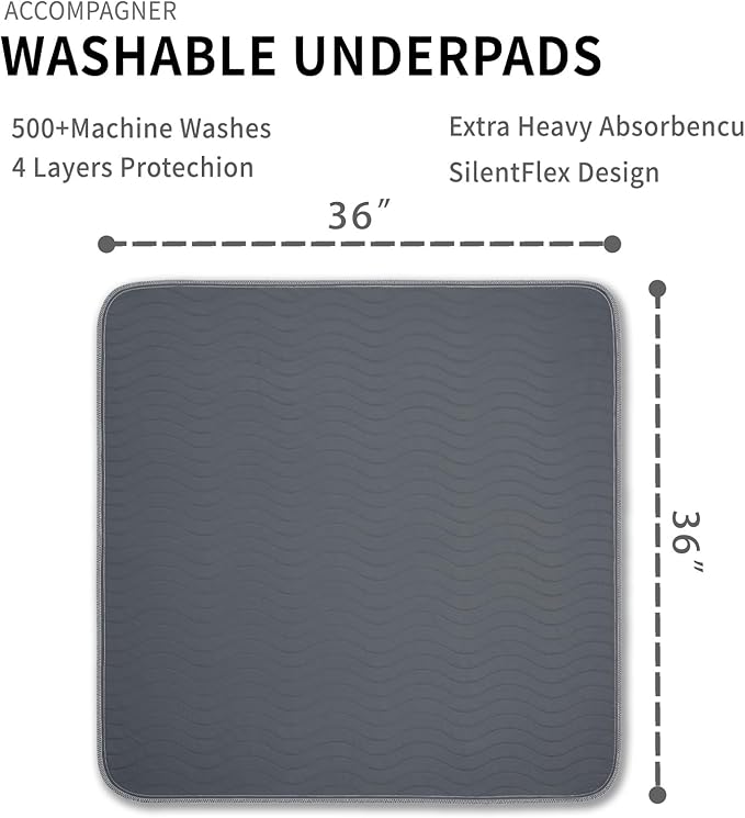 Accompagner Waterproof Reusable for Adults and Pets Washable Pee Pads for Dogs Changing Pad Large Dog Bed Size Adults Incontinence Bed Pads - Non-Slip Leak-Proof (Dark Gray, 4Pack-36" x36")