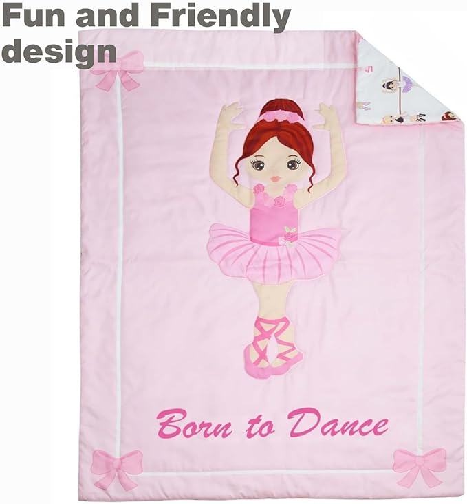 EVERYDAY KIDS 4 Piece Toddler Bedding Set -Born to Dance Ballerina- Includes Comforter, Flat Sheet, Fitted Sheet and Reversible Pillowcase