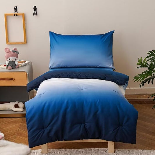 CLOTHKNOW Blue White Toddler Bedding Sets for Boys, 4 Pieces Bedding Sets, Blue Gradient Pattern, Soft Crib Bed Set Including Comforter, Flat Sheet, Fitted Sheet and Pillowcase, Blue