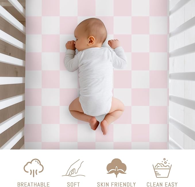 Pink and White Checkered Baby Crib Sheets for Girls Gingham Plaid Checkerboard Soft Snug Fitted Crib Mattress Covers for 52''x28'' Standard Crib & Toddler Mattress Pink Checks Nursery Bed Sheets