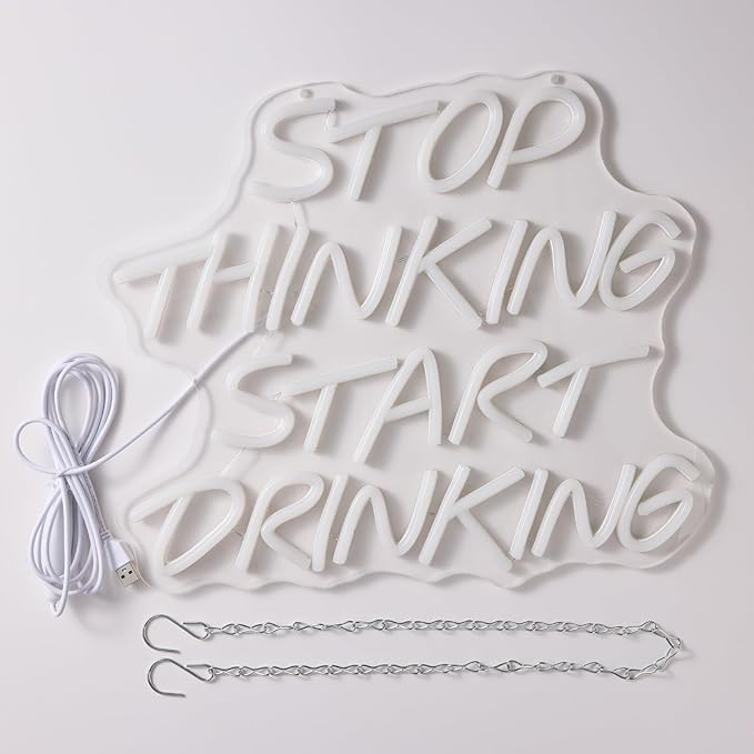 LYUODRE Stop Thinking Start Drinking Neon Sign Pink Neon Signs for Wall Decor Man Cave LED Neon Lights up Letters for Bar Pub Restaurant Birthday Party Gift Led Art Wall Decorative Crs Light Bar Sign, 5V Usb Powered,13.38"L x 12.99"W)
