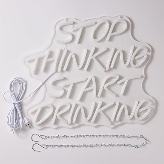 LYUODRE Stop Thinking Start Drinking Neon Sign Pink Neon Signs for Wall Decor Man Cave LED Neon Lights up Letters for Bar Pub Restaurant Birthday Party Gift Led Art Wall Decorative Crs Light Bar Sign, 5V Usb Powered,13.38"L x 12.99"W)