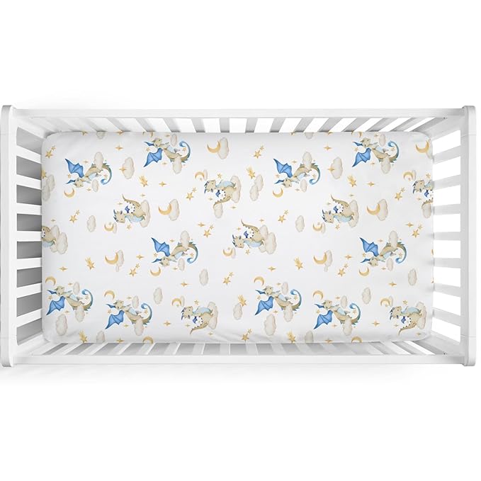 Cartoon Fairy Tale Dragon Moon Stars Clouds Baby Crib Sheets 52''x28'' Watercolor Dragons Stretchy Fitted Crib Mattress Cover for Boy Girl Soft Bed Sheet for Standard Crib and Toddler Mattress