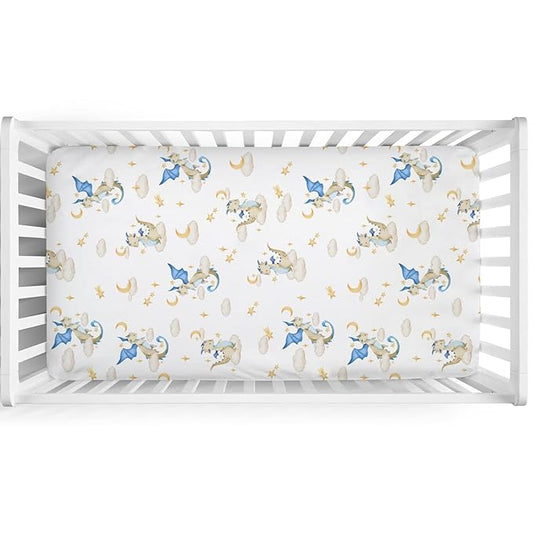 Cartoon Fairy Tale Dragon Moon Stars Clouds Baby Crib Sheets 52''x28'' Watercolor Dragons Stretchy Fitted Crib Mattress Cover for Boy Girl Soft Bed Sheet for Standard Crib and Toddler Mattress