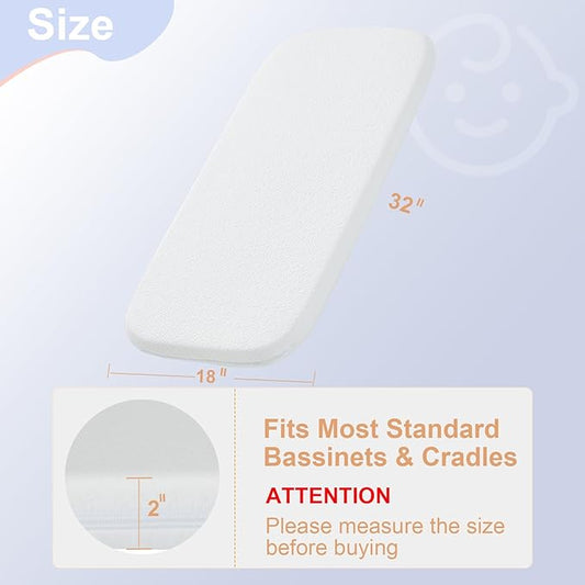 NeoBorn Baby Bassinet Mattress Pad, 32" x 18" Dual Sided Comfort Gel Memory Foam Mattress with Removable Breathable Soft Tencel Cover Fit for RONBEI/Ingenuity/Cuddor Baby Bassinet