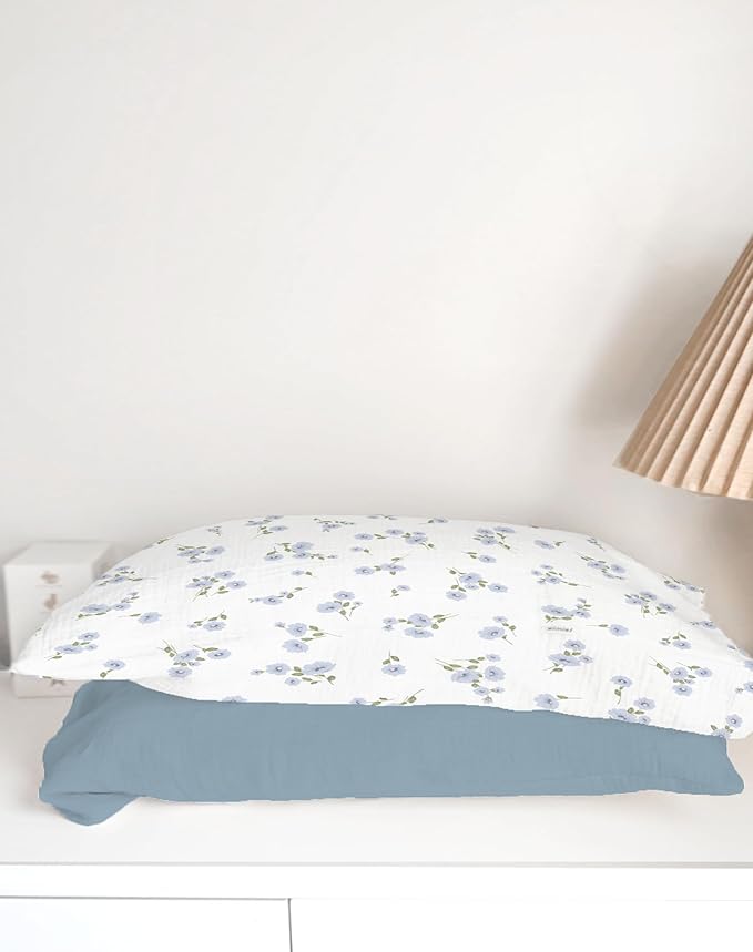 Toddler Pillowcases for 13"x18" Pillow 2 Pack, Muslin Small Toddler Baby Kids Travel Pillow Covers for Boys Girls with Envelope Closure (Flower I & Light Blue, 13 x 18 Inch)