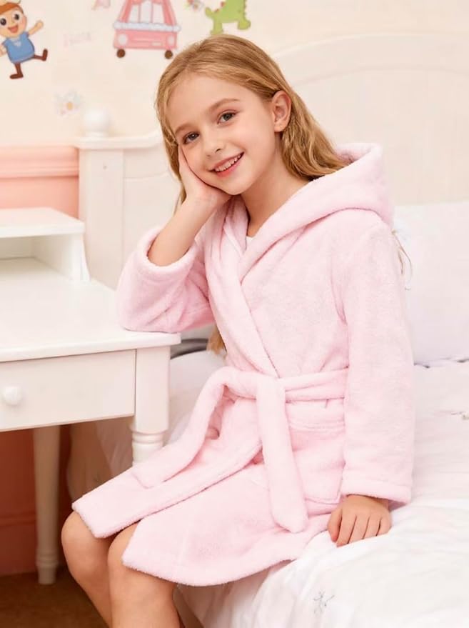 SANGTREE Boys Girls Robe Fleece Hooded Soft Toddler Bathrobe Cute Boys Bathrobe Fuzzy Plush Robes for Kids, 2-12 Years