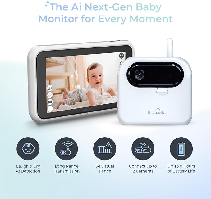 Tiny Traveler Ai Smart Wireless Baby Car Monitor with Power Bank - AI-Powered Safety Alerts: Cry/Laugh/Stand Detection, Virtual Fence, Long Range 1000ft Night Vision Lullabies Night Light - White