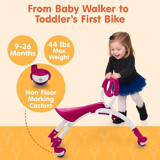 YBIKE Pewi Balance Bike Toddler Toys - Walking Ride On Toys, Toddler Push Car, Kids Bike for Ages 9 Months to 3 Yrs, Durable Push Toy, Comfortable, Indoor & Outdoor, Up to 44 Lbs, Raspberry