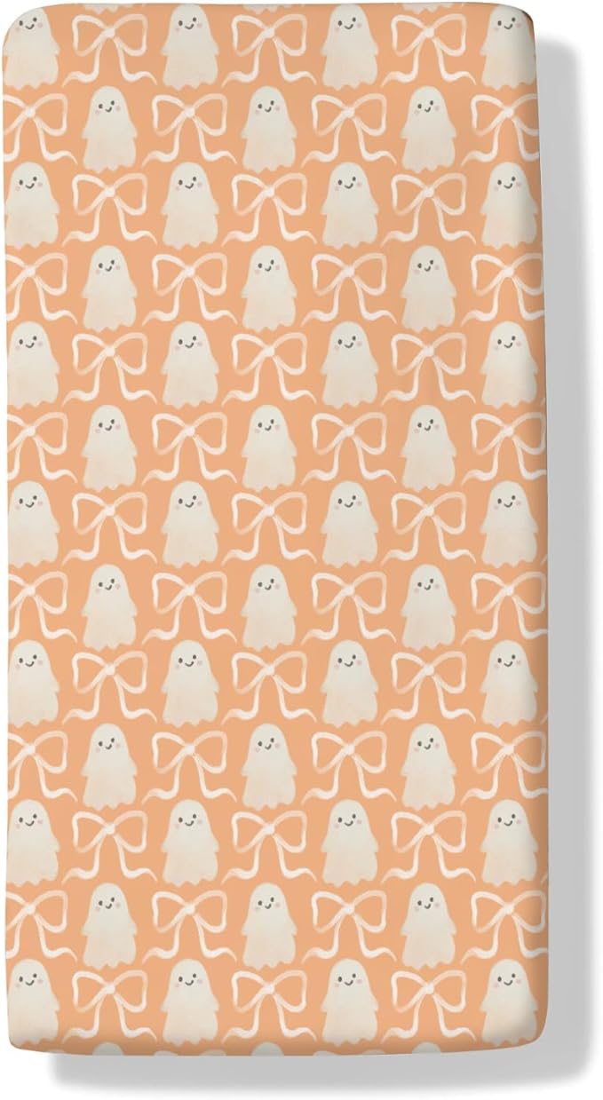 Halloween Spooky Orange Bows Baby Crib Sheets Cute Pastel Bows Soft Crib Sheet Spooky Season Fitted Crib Mattress Cover for Standard Crib and Toddler Mattresses 52"x28"