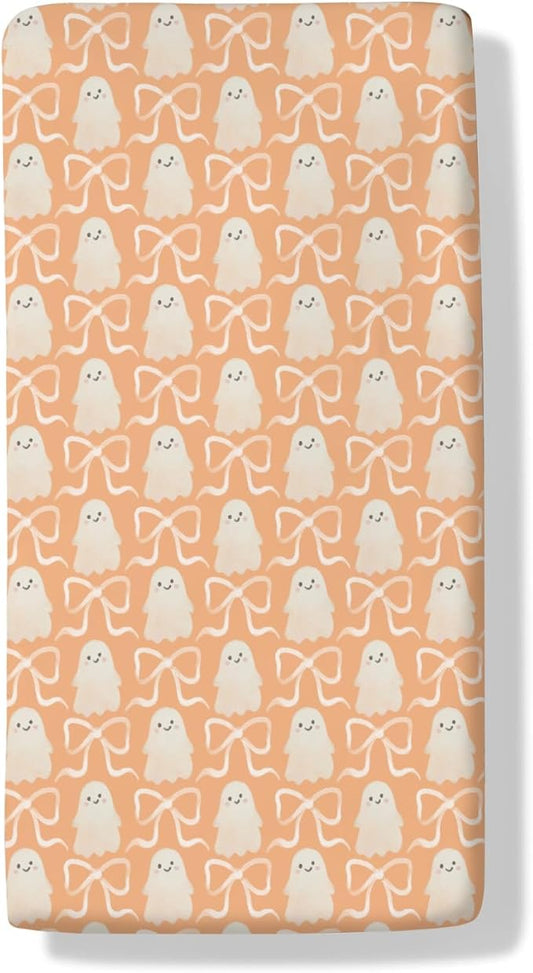 Halloween Spooky Orange Bows Baby Crib Sheets Cute Pastel Bows Soft Crib Sheet Spooky Season Fitted Crib Mattress Cover for Standard Crib and Toddler Mattresses 52"x28"