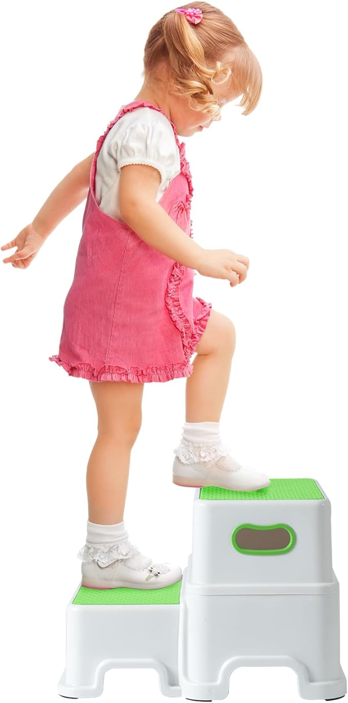 Victostar Toddler Step Stool,2 Kids Step Stool for Bathroom Sink,Baby Potty Stool with Anti-Slip Surface and Rubber Bottom,Plastic Stool with Handle for Toilet Potty Training Bathroom Kitchen