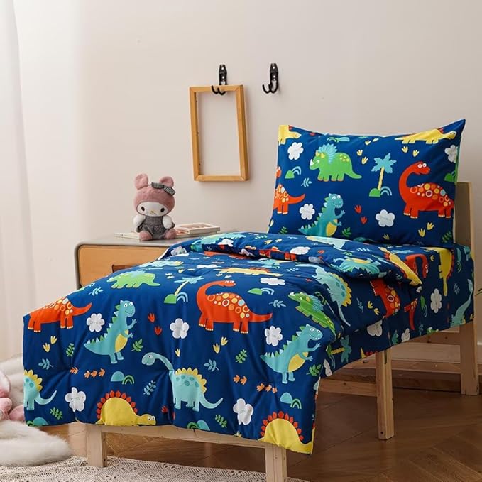 CLOTHKNOW Dinosaur Toddler Bedding Sets for Boys, 4 Pieces Bedding Sets Cartoon Cute Animal Pattern, Soft Crib Bed Set Including Comforter, Flat Sheet, Fitted Sheet and Pillowcase, Blue
