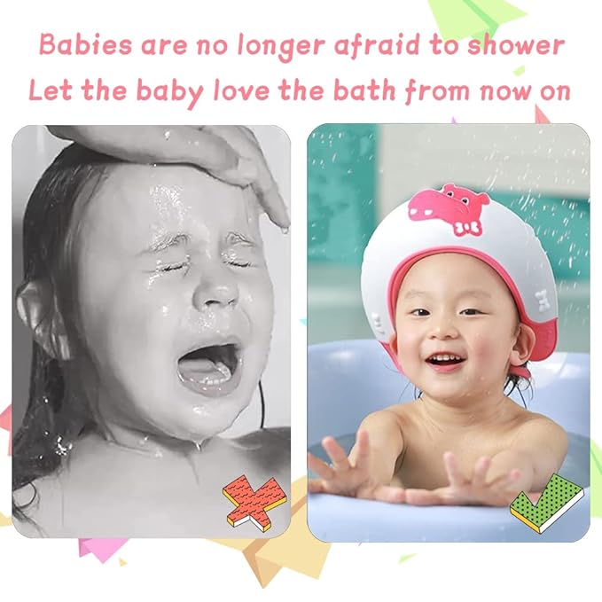 Baby Shower Cap Shield, Shower Cap for Kids, Visor Hat for Eye and Ear Protection for 0-9 Years Old Children,Cute Dinosaur/Crocodile/Hippo shape Makes the Baby Bath More Fun (Hippo, Blue)