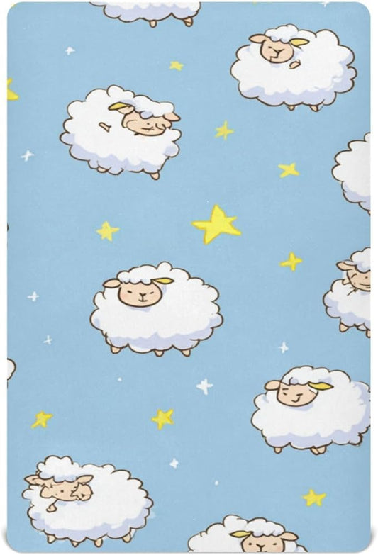 Sheep and Stars Blue Crib Sheets Standard Crib Toddler Mattresses Cover Fitted Baby Bed Sheet Breathable Crib Mattress Sheet for Girls Boys 39''x27''x9''