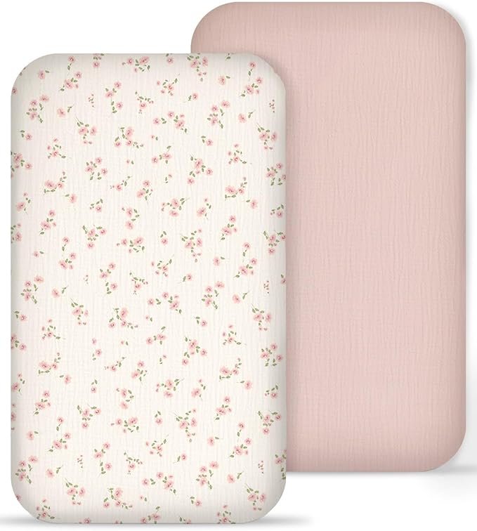 Muslin Bedside Bassinet Sheets 2 Pack, 33x20 Fitted Ultra Soft & Breathable Bedside Sleeper Sheets, Ideal for Baby Girl and Boy, Perfect for Newborns (Rosy)