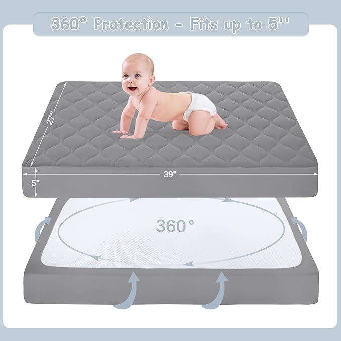 Yoofoss Waterproof Pack and Play Mattress Protector, Quilted Pack and Play Mattress Pad Cover Soft and Breathable, Playpen/Playard Mattress Sheet for Standard Pack n Play Size 39''x27'' - Dark Grey