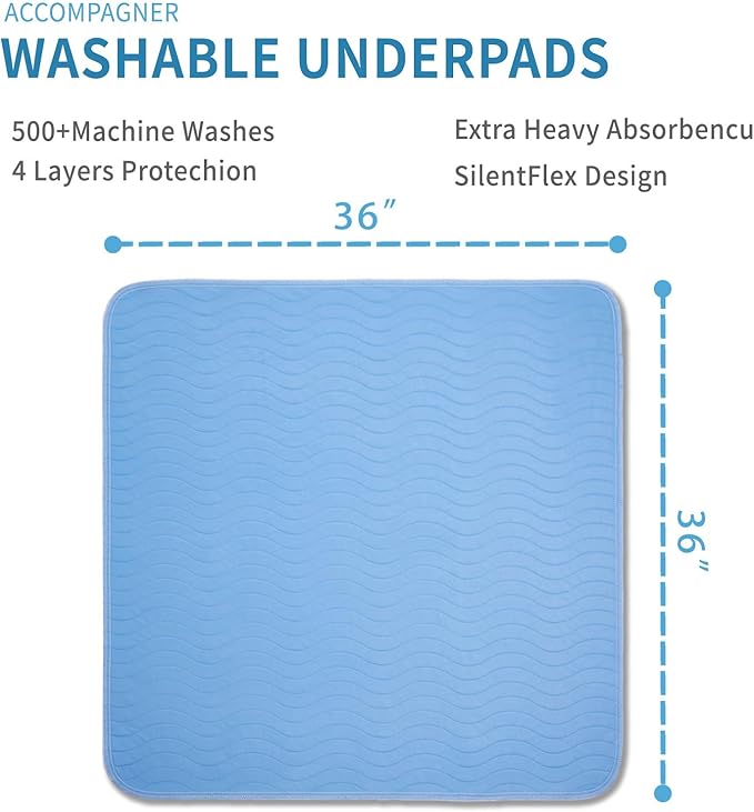 Accompagner Waterproof Reusable for Adults and Pets Washable Pee Pads for Dogs Changing Pad Large Dog Bed Size Adults Incontinence Bed Pads - Non-Slip Leak-Proof (Blue, 4Pack-36" x36")