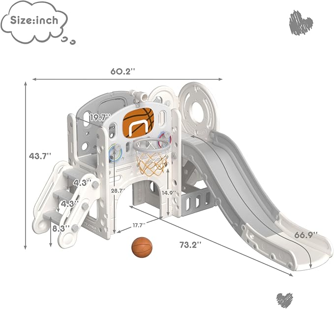 XJD 8 in 1 Toddler Slide Set, Kids Slide for Toddlers Age 1+, Toddler Climber Slide PlaySet with Basketball Hoop and Ball,Outdoor Indoor Playground for Toddlers 1-3 (Beige Grey, 8 in 1)