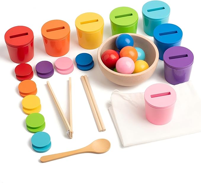 Ball in Cups Toddler Montesssori Toys for 1 Years Old, Rainbow Color Sorting Toy Coin Box Matching Game, Wooden Learning Color for Baby Toddler Age 1-3, Fine Motor Developmental Infants Sensory Toy