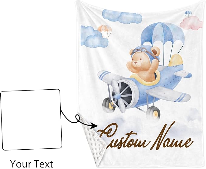 Aviator Bear Personalized Baby Crib Bedding Set, Custom Name Nursery Crib Set 5-Piece - Baby Blanket Fitted Sheet Changing Pad Cover Room Rug and Wall Art, Newborn Nursery Decor