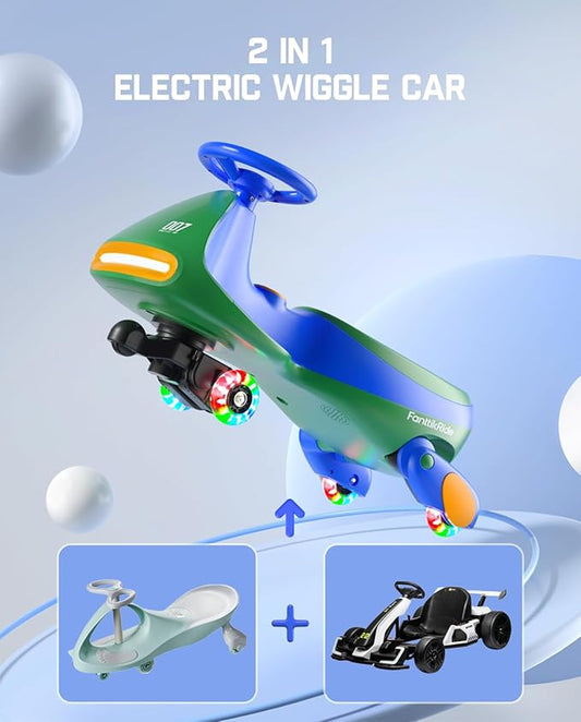 FanttikRide N7 Pro Electric Wiggle Car with Pedal, Rechargeable Battery, CyberWiggle, 2 in 1 Swing Car, 2 Speeds Max 4 Mph, Anti-Rollover, Flashing Wheels, Bluetooth, for Ages 3 and Up, 150 Lbs, Green