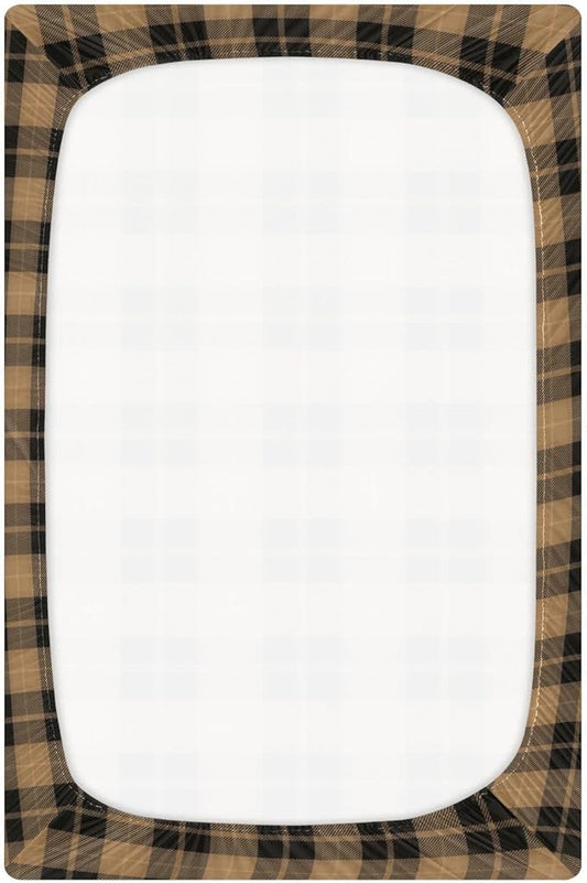 Brown Plaid Crib Sheets Soft Breathable Fitted Baby Playard Sheets Mattress Cover for Girl Boys, 39" x 27" x 5"