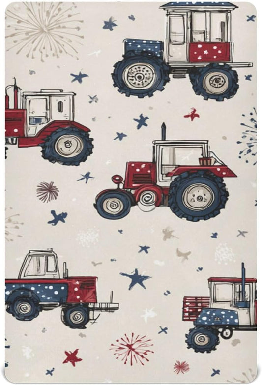Tractors July 4th Fireworks and Stars Crib Sheets Standard Crib Toddler Mattresses Cover Fitted Baby Bed Sheet Breathable Crib Mattress Sheet for Girls Boys 39''x27''x9''