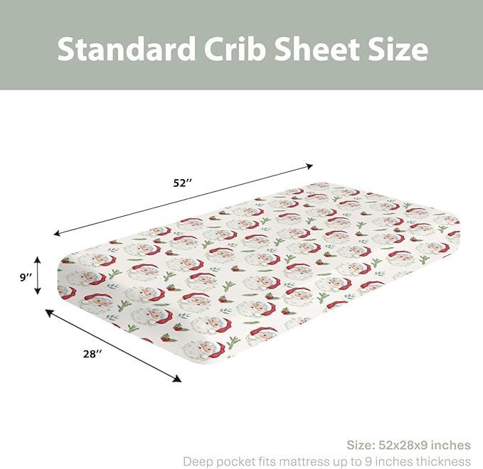 Christmas Santa Claus Baby Crib Sheets for Boy Girl 52"x28" Retro Santa Cherry Fir Leaves Soft Snug Fitted Crib Mattress Cover Winter Holiday Nursery Baby Sheet for Crib & Toddler Bed Mattresses