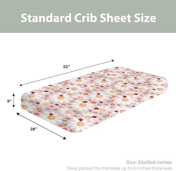 Spring Daisy Floral Baby Crib Sheets for Boy Girl 52x28Inch Boho Wildflower Leaves Soft Stretchy Fitted Crib Mattress Covers Greenery Nursery Baby Sheet for Crib and Toddler Bed Mattresses