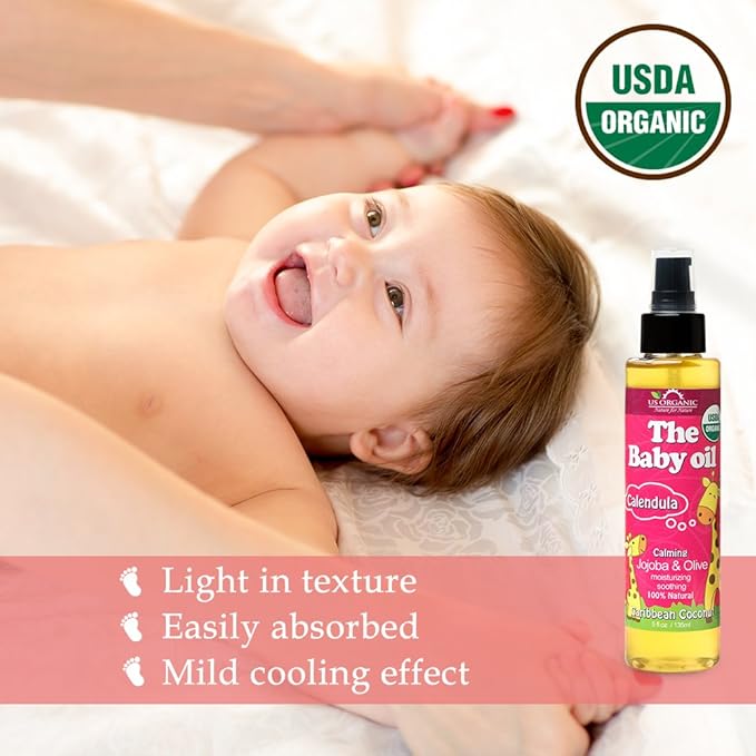 US Organic Baby Oil with Calendula, Smooth Caribbean Coconut, Certified Organic by USDA, Jojoba & Olive Oil with Vitamin E, No Alcohol, Paraben, Artificial Detergents, Color, Synthetic Perfume, 135ml