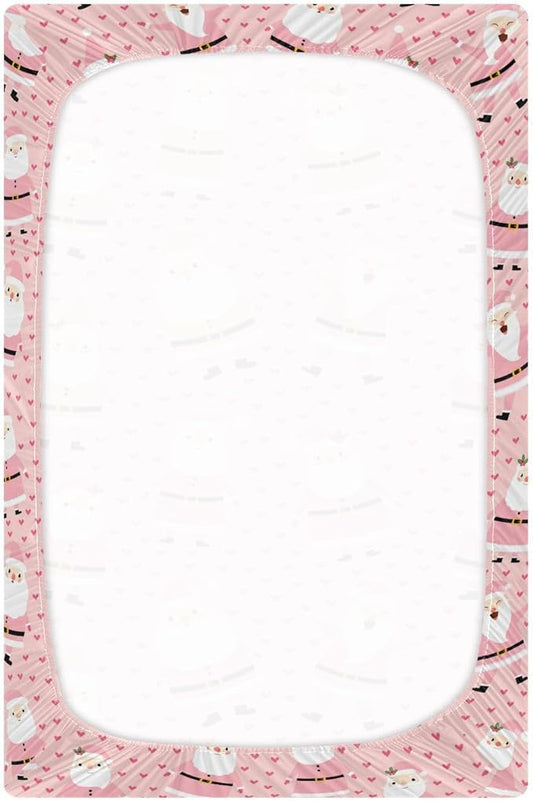 Christmas Pink Santa Crib Sheets Soft Breathable Fitted Baby Crib Sheets Mattress Cover for Girl Boys, 52" x 28" x 9"