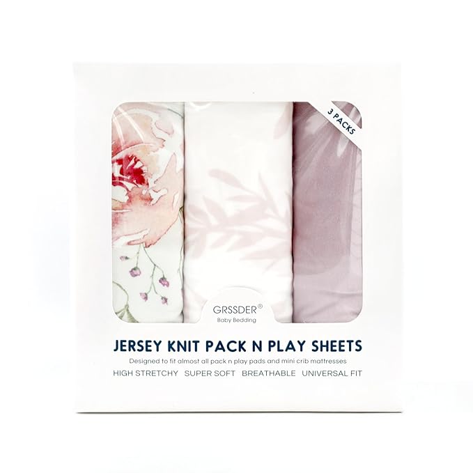 GRSSDER Fitted Pack and Play Sheets Set 3 Pack, Stretchy Ultra Soft Jersey Knit Portable/Mini Crib Sheets for Girls, Universal Fit for Pack N Plays Safe and Snug, Stylish Floral Pattern