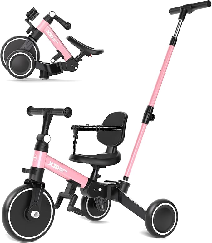 XJD Toddler Bike, 6 in 1 Folding Toddler Tricycle for 1-4 Year Old with Parental Control Handle, Balance Bike with Removable Pedal, Backrest, Adjustable Seat, First Birthday Gifts (Pink)