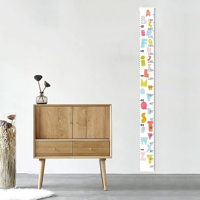 Nustila Colorful Alphabet Growth Chart for Kids Baby Height Chart Ruler Removable Canvas Wooden Frame Hanging Wall Rulers Measurement Charts for Toddler Room Nursery Decor - 79"X7.9" with Beige Wood