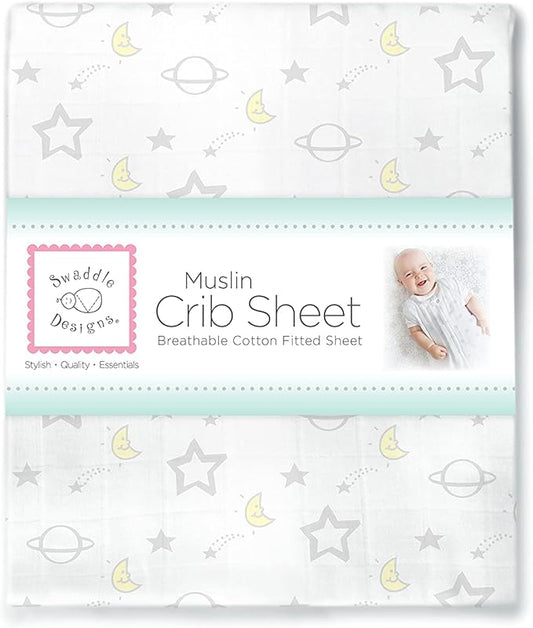 SwaddleDesigns Softest Cotton Muslin Fitted Crib Sheet/Toddler Sheet for Baby Boy & Girl, Sterling Goodnight