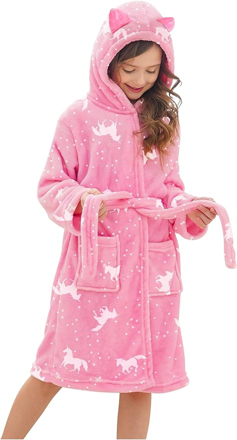 Doctor Unicorn Girls Leopard Cat Robe Kids Fleece Warm Hooded Bathrobe