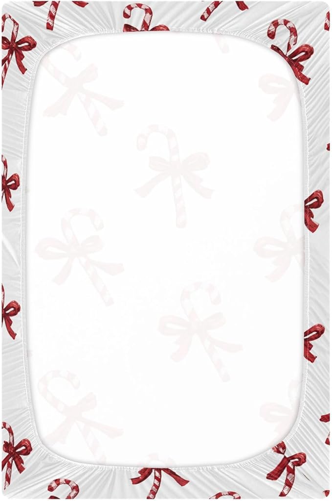 Christmas Bows Candy Cane Crib Sheets Soft Breathable Fitted Baby Crib Sheets Mattress Cover for Girls Boys, 52" x 28" x 9"
