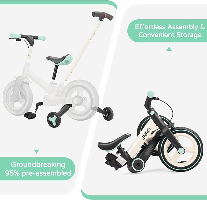 JMMD 6 in 1 Toddler Bike with Push Handle for Kids 18-60 Months, 12" Foldable Balance Bike with Training Wheels, Pedals, Brakes, Kickstand, Push Tricycle Toddler Gift & Toys for Boy & Girl