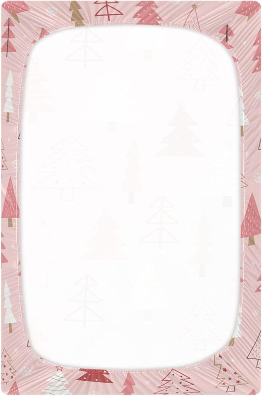 Christmas Trees Pink Crib Sheets Soft Breathable Fitted Baby Crib Sheets Mattress Cover for Girl Boys, 52" x 28" x 9"