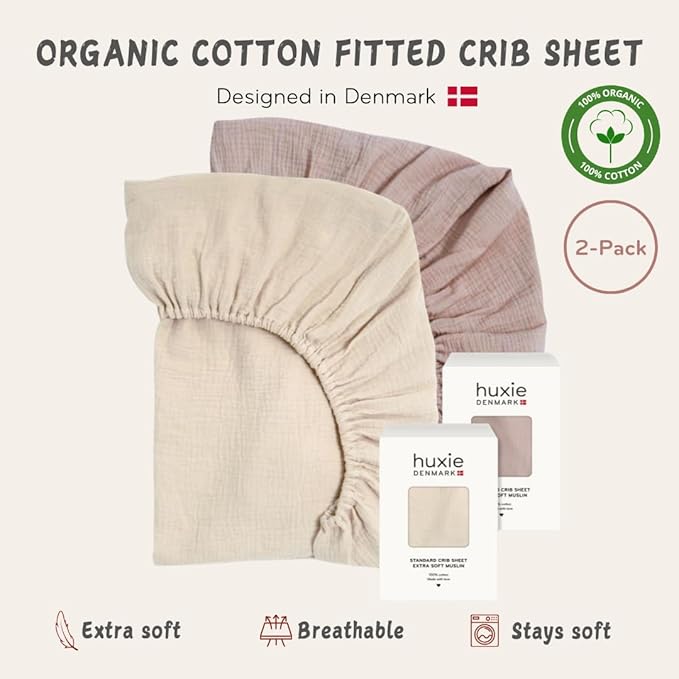 Crib Sheets – Organic Cotton Muslin Fitted Crib Sheet – Standard Size for Baby Boy and Baby Girl 28" x 52" Ultra-Soft and Breathable- 2-Pack (Fog/Blush)