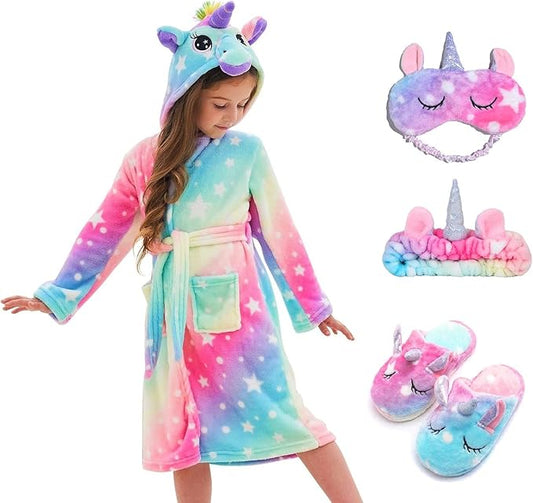 Soft Unicorn Hooded Robe with Matching Slippers Headband and Blindfold for Girls