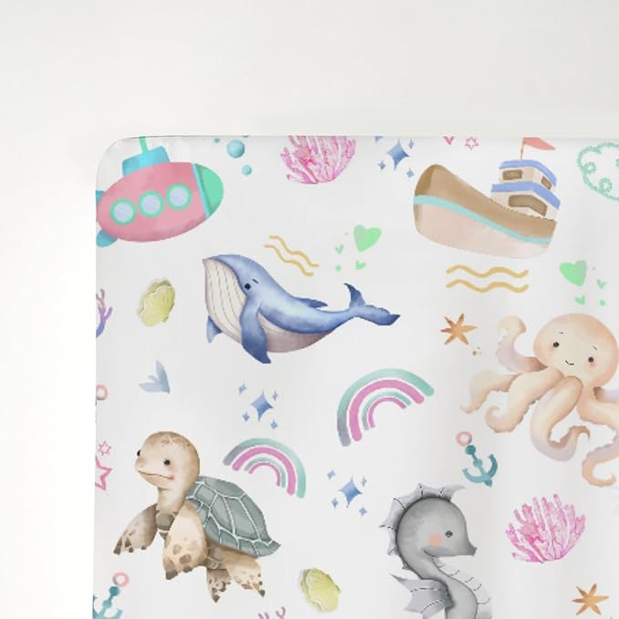 Colorful Ocean Animals Baby Crib Sheets for Boy Girl 52x28Inch Sea Horse Turtle Whale Rainbow Corals Soft Snug Fitted Crib Mattress Cover Marine Life Baby Sheet for Standard Crib & Toddler Mattress