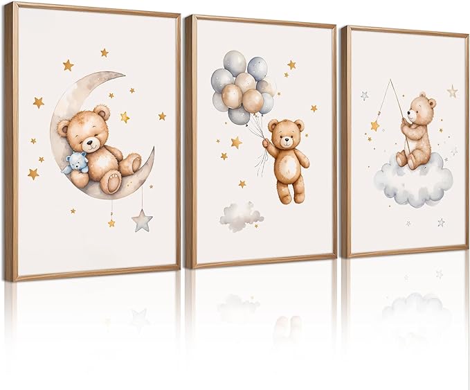 Baccone Teddy Bear Nursery Wall Art Decor Baby Boy Girl Room Poster Vintage Nursery Canvas Wall Decor Toddler Kids Room Pictures Cute Bear Neutral Artwork for Bedroom Playroom 16x24 Unframed Set of 3